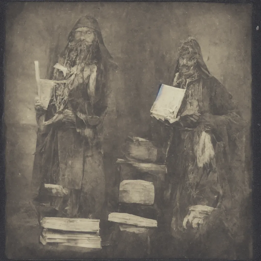 Image similar to tintype of a pagan cultist with occult books