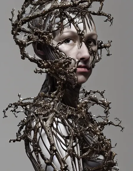 Image similar to still frame from Prometheus movie by Makoto Aida, biomechanical dryad by Iris van Herpen painted by Caravaggio and by Yoshitaka Amano by Yumihiko Amano by Makoto Aida