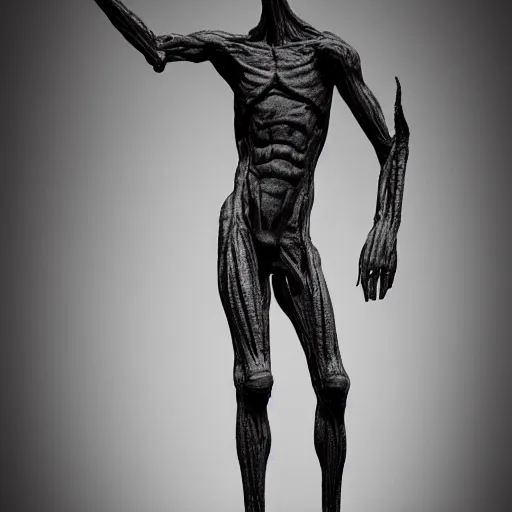 Image similar to photorealistic detailed tall skinny humanoid creature, extremly detailed, black and white, 8 k, realistic, sharp focus, cosmic horror creature, cosmic horror