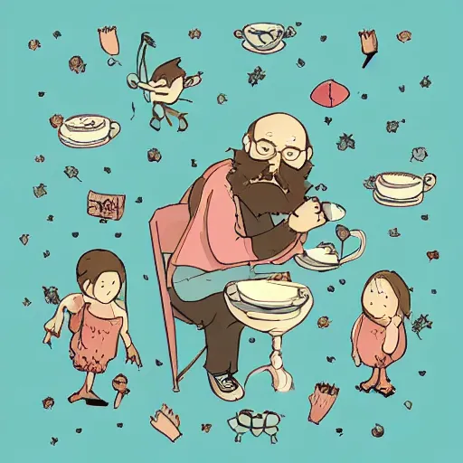 Prompt: tiny imaginary creatures having tea party in a humans beard. in a style of hayao miyazaki.