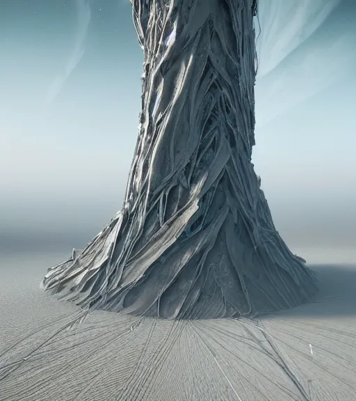 Prompt: surreal theory of elysian unfinished tilted tower made of crystalized futuristic veins, aerial iridecent veins, moonbow, inverted white massive roots of sand in the floor, in the desert, foggy sky, dark night, octane render, unreal engine, pale colors, high detail, 8 k, wide angle, trending on artstation, behance