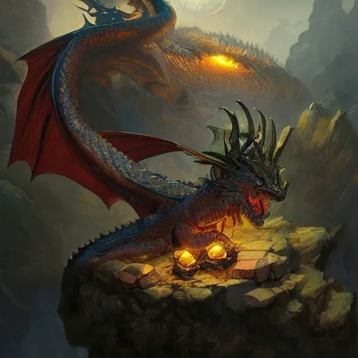 Image similar to dragon sleeping on a pile of treasure, dramatic light, dungeon background, torches, high detail, fantasy background, painted by stanley lau, painted by greg rutkowski, painted by stanley artgerm, digital art, trending on artstation