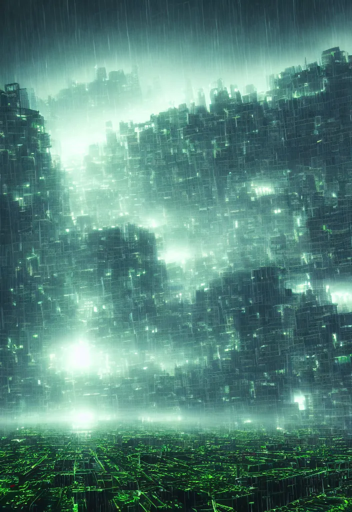 Image similar to many green wormholes opening over the top of a vast megacity, cybergothic, rain, pollution, volumetric light, rendered in octane, ray tracing on epic settings, epic scale, epic scene