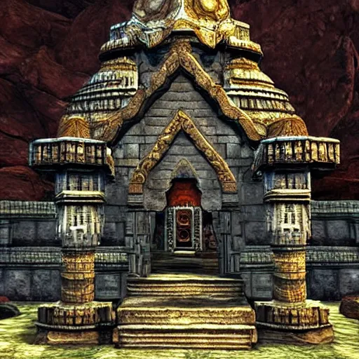 Prompt: a crystalline ancient Indian temple made from soul stones, ornate, beautiful in the style of skyrim by Bethesda Game studios