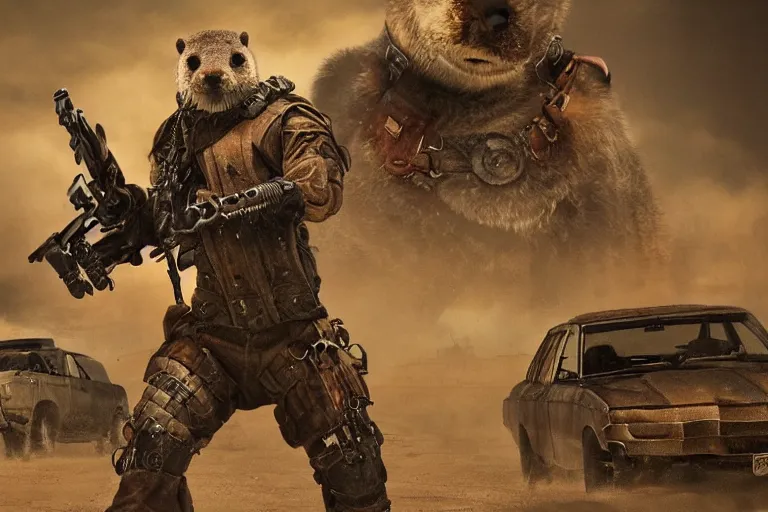 Image similar to a good ol'otter fursona ( from the furry fandom ), heavily armed and armored facing down armageddon in a dark and gritty version from the makers of mad max : fury road. witness me.