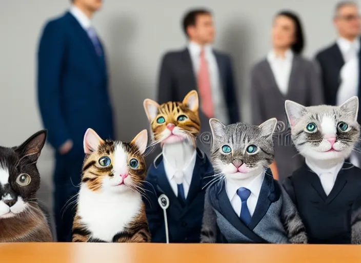 Prompt: photo of cats dressed in suits attending a board meeting. Highly detailed 8k. Intricate. Sony a7r iv 55mm. Stock photo.