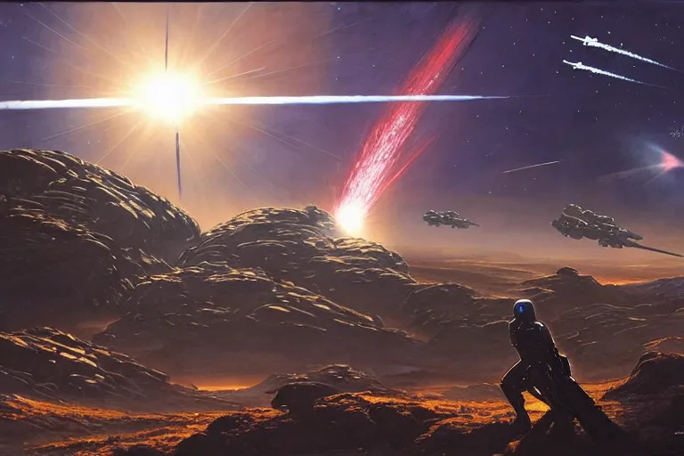 Prompt: Epic science fiction landscape. In the foreground is futuristic anti-air artillery firing into the sky, in the background an alien spaceship is escaping. An officer stands next to the artillery pointing upwards. Stunning lighting, sharp focus, extremely detailed intricate painting inspired by Mark Brooks and by Moebius