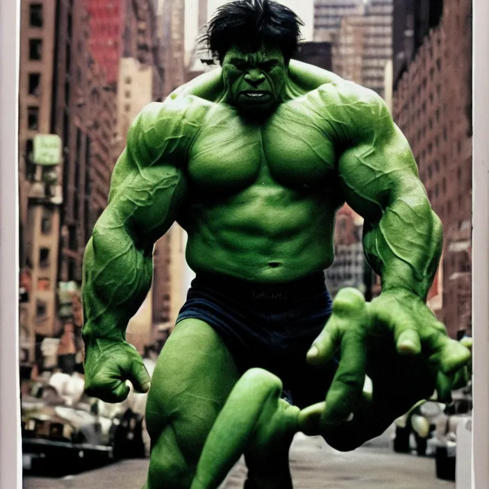 Image similar to a color photo portrait of the incredible hulk looking angry in new york city by richard avedon dramatic lighting.