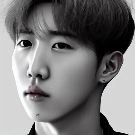 Prompt: j - hope from bts, highly detailed, professional digital painting, extreme illustration, unreal engine 5, photorealism, hd quality, 8 k, wispy, cinematic, art by andy warhol, artgerm, yoshitaka amano