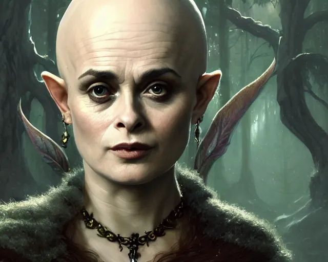 Image similar to highly detailed portrait of helena bonham carter as a bald elf, in skyrim, stephen bliss, unreal engine, fantasy art by greg rutkowski, loish, rhads, ferdinand knab, makoto shinkai and lois van baarle, ilya kuvshinov, rossdraws, tom bagshaw, global illumination, radiant light, detailed and intricate environment