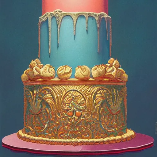 Prompt: painting of a pastel baroque cake by greg hildebrandt