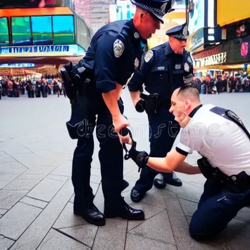 Image similar to a police officer handcuffing another police officer, both smiling, time square, stock photography, award - winning,