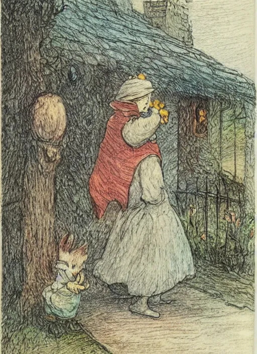 Prompt: night turning into day, illustrated by peggy fortnum and beatrix potter and sir john tenniel