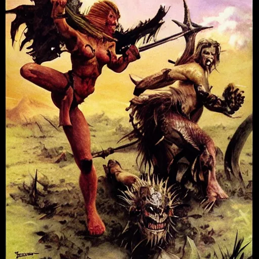 Image similar to Savage battlescarred warrior girl, cavewoman, wild spiky black electrified hair, pelt, torn clothing, savage cloak, scars of battle, bloody, electrical aura, scimitar, primeval fantasy, prehistoric fantasy, orcs, goblins attacking, 1980s pulp fantasy, art by Frank Frazetta and Boris Vallejo