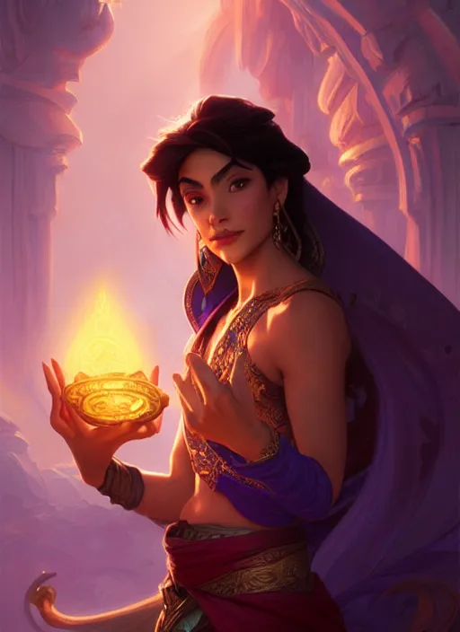 Image similar to aladdin, d & d, fantasy, intricate, elegant, highly detailed, digital painting, artstation, concept art, matte, sharp focus, illustration, hearthstone, art by artgerm and greg rutkowski and alphonse mucha