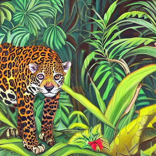 Prompt: a velvet painting of a colorful jaguar in a jungle by edgar leeteg