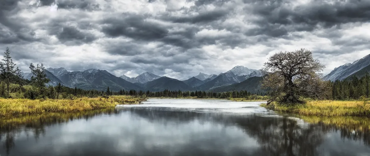 Prompt: Tree, mountains, river, landscape, photo, 4k, wind,reflections, realistic, camera, island