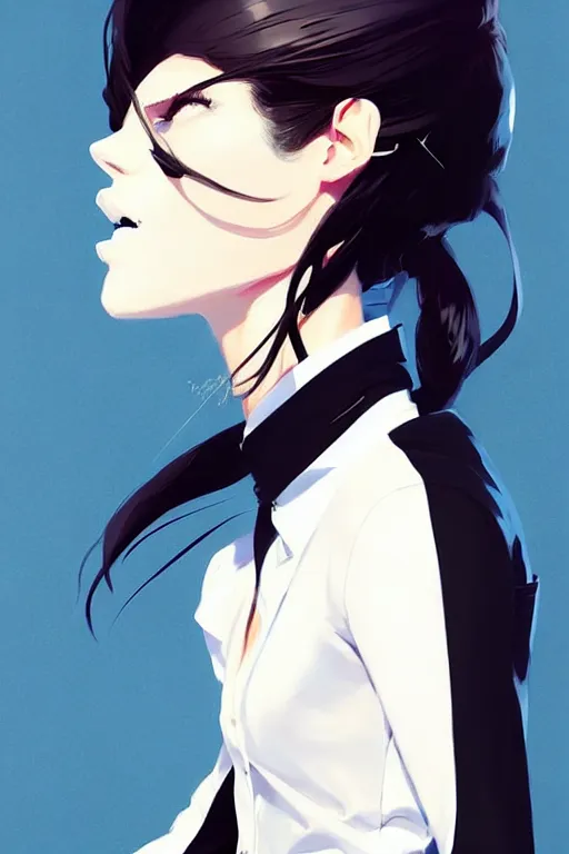 Image similar to a ultradetailed beautiful panting of a stylish woman, she is wearing a white shirt with a tie and black pants, by conrad roset, greg rutkowski and makoto shinkai trending on artstation