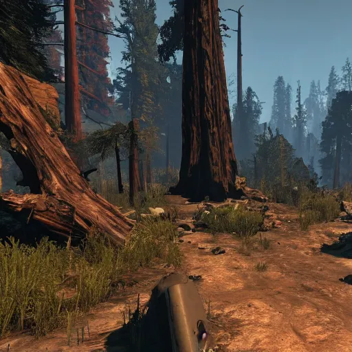 Prompt: sequoia national park in ruins post - nuclear war in fallout 4, in game screenshot