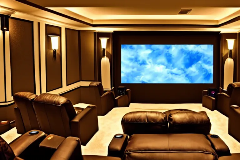 Image similar to very wide view of a modern home movie theater with giant projector screen!!, detailed art deco decoration!!, wall lights, plant, popcorn machine, watercolor painting trending on artstation