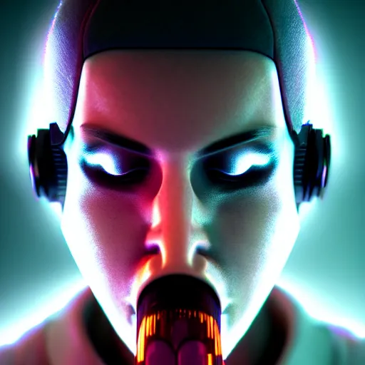 Prompt: photo of a cyberpunk composer licking synthesizers, trending on artstation, symmetrical, frustrated face, cinematic, hyperrealism, high detail, octane render, 8k, unreal engine 5