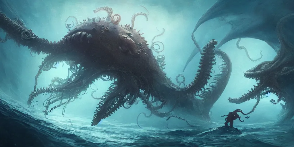 Image similar to lovecraftian sea creature designs, Greg Rutkowski, Darek Zabrocki, Karlkka, Jayison Devadas, Phuoc Quan, trending on Artstation, 8K, ultra wide angle, zenith view, pincushion lens effect