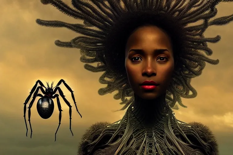 Image similar to realistic detailed photorealistic portrait movie shot of a beautiful black woman with a giant spider, dystopian city landscape background by denis villeneuve, amano, yves tanguy, alphonse mucha, ernst haeckel, david lynch, edward robert hughes, roger dean, cyber necklace, rich moody colours, cyber patterns, wide angle