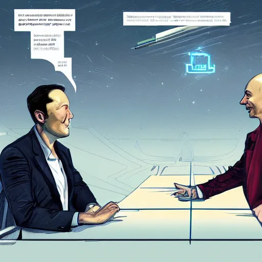 Image similar to illustration of a meeting between elon musk, mark zuckenberg, jeff bezos, very detailled, by artgem, by david rutkowski