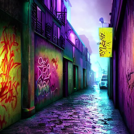 Image similar to photo realistic lively alley in paris at night after rain storm with warm glowing lamps and graffiti on walls with a woman in a pink bikini walking her large purple dog noir goddess, character design, dark fantasy, photo realistic, unreal engine, terrifying ambience, smooth lighting, cinematic lighting, masterpiece, ultra detailed, hyper realistic, octane render, 8 k, photo - realistic