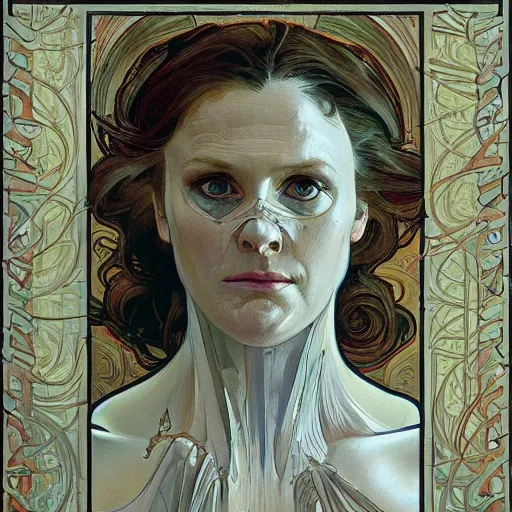 Prompt: hannibal lector, in the style of donato giancola, and in the style of vanessa lemmen, and in the style of alphonse mucha. symmetry, smooth, sharp focus, semi - realism, intricate detail.