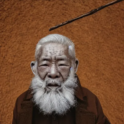 Prompt: mysterious floating old asian man with beard, full face silver occult mask, glowing eyes, wearing a great fractal wooden stick, smoke around him, in the dry rock desert, cinematic shot, wide angle, desert background, volumetric lighting, award winning photography, 8k, in the style of David Lynch, Alejandro Jodorowsky and Gaspar Noe