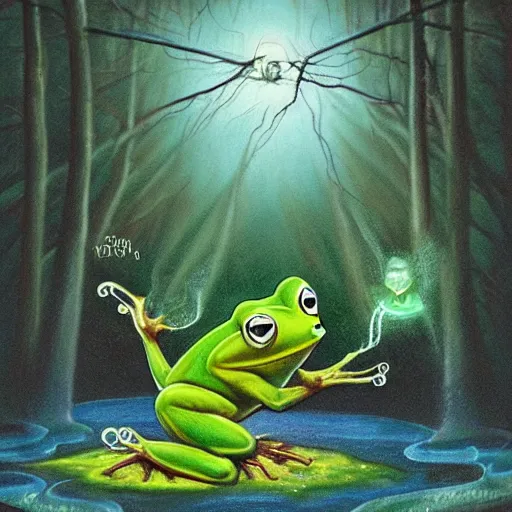 Prompt: mischievous forest spirit darts through the air over a frog pond at night. magic swirls in the air. the spirit grins with glee. by kevin walker, by greg staples, by daarken, by terese nielsen,