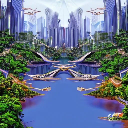 Prompt: futuristic city ultra-realistic utopia lake photorealism reflection jungle drones android,8k