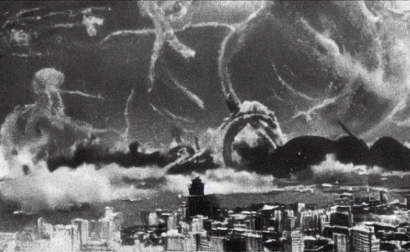 Prompt: a filmstill of Kim Jong-il and a Starro monster destroying Pyongyang, in Godzilla (1954) by Ishirō Honda, traditional Korean city, palace, epic ultrawide shot, cinémascope