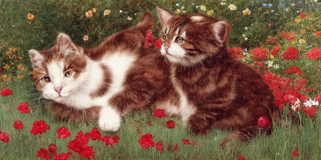 Prompt: 3 d precious moments plush cat with realistic fur and an dark red / medium red / reddish brown / deep purplegray color scheme, field of flowers, master painter and art style of john william waterhouse and caspar david friedrich and philipp otto runge