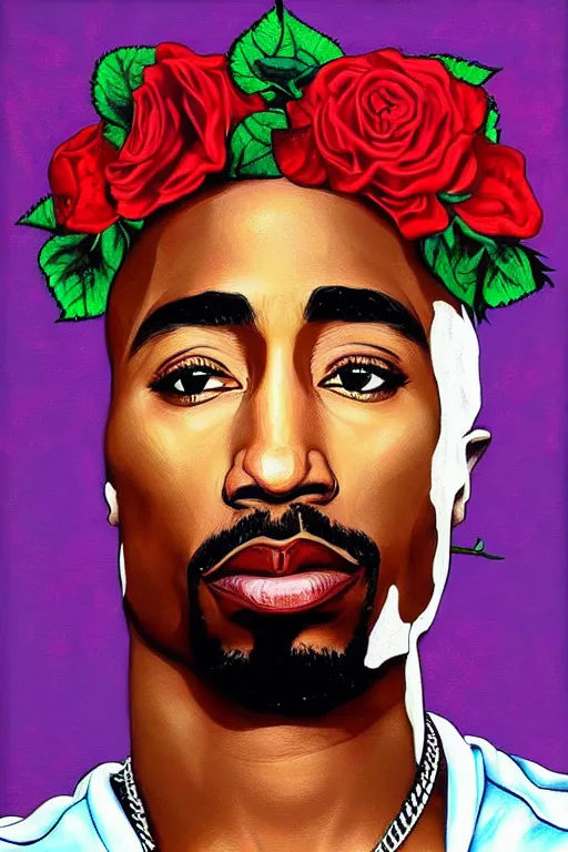 Image similar to Tupac, illustrated in whimsical style, portrait by Kehinde Wiley!!, roses, artgerm, loish, oil painting,