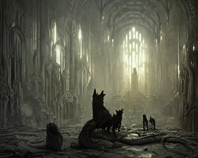 Image similar to fantasy, inside the king's hall wolves and their treasures, ethereal, ominous, misty, 8 k, by h. r. giger greg rutkowski