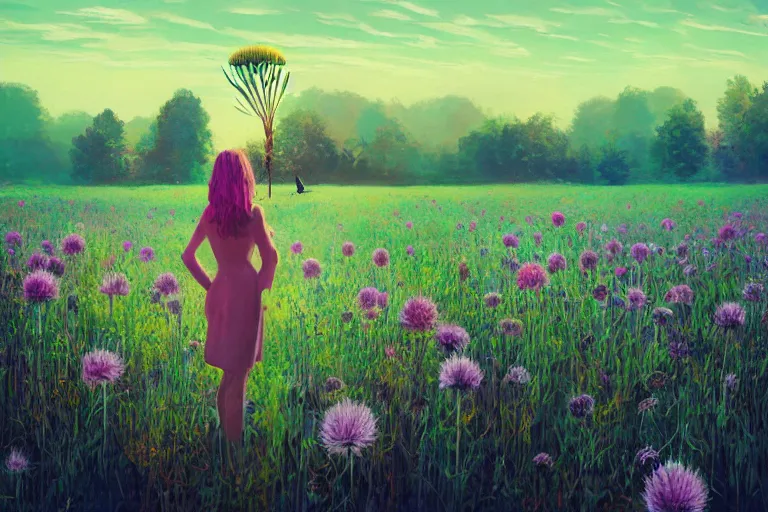 Image similar to giant thistle flower head, girl in suit in field of flowers, surreal photography, sunrise, blue sky, dramatic light, impressionist painting, digital painting, artstation, simon stalenhag