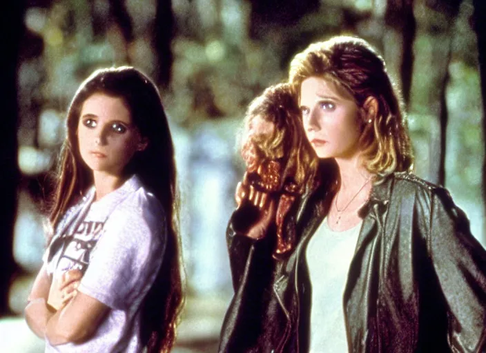 Prompt: Scene from the 1987 supernatural drama television series Buffy The Vampire Slayer