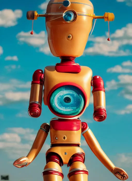 Image similar to portrait of a retro 1 9 5 0 s tin toy robot spacegirl wearing a bikini, depth of field, zeiss lens, detailed, symmetrical, centered, fashion photoshoot, by nicoletta ceccoli, mark ryden, lostfish, breathtaking, 8 k resolution, extremely detailed, beautiful, establishing shot, artistic, hyperrealistic, octane render