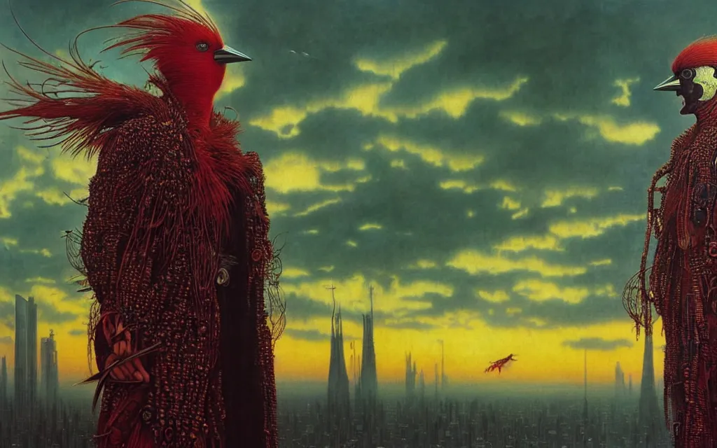 Image similar to realistic detailed portrait movie shot of a birdman wearing dark ragged robes, futuristic city sunset landscape background by denis villeneuve, amano, yves tanguy, alphonse mucha, ernst haeckel, max ernst, roger dean, rich moody colours, cinematic