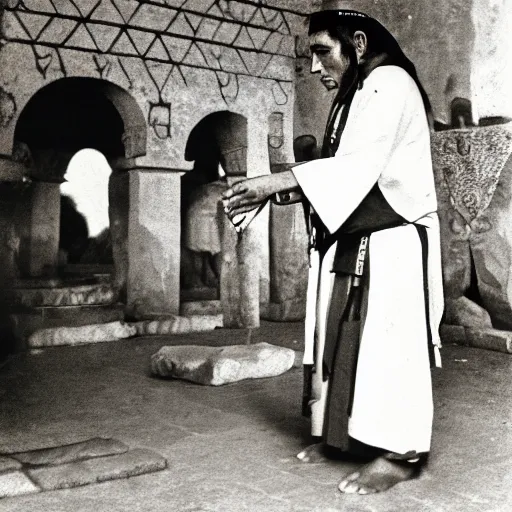 Image similar to a photograph of a aztec priest preying at a temple