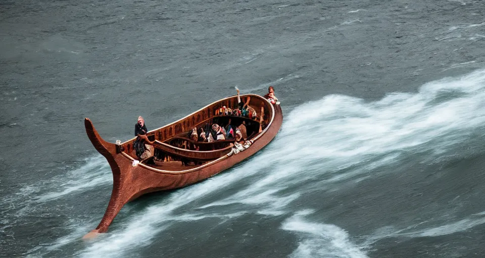 Image similar to a highspeed viking ship sailing down a river, f / 2. 8, motion blur