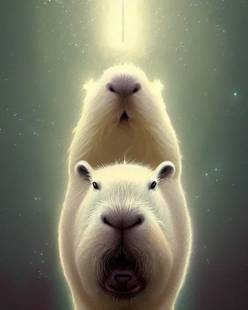 Prompt: complete and delicate portrait of a white capybara, beautiful, agile, fairy, myth, legend, detailed, trending on artstatioin, light effects, kilian eng, john harris, bastien lecouffe - deharme