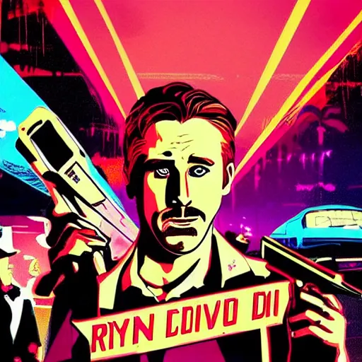 Prompt: ryan gosling from movie drive in game poster hotline miami