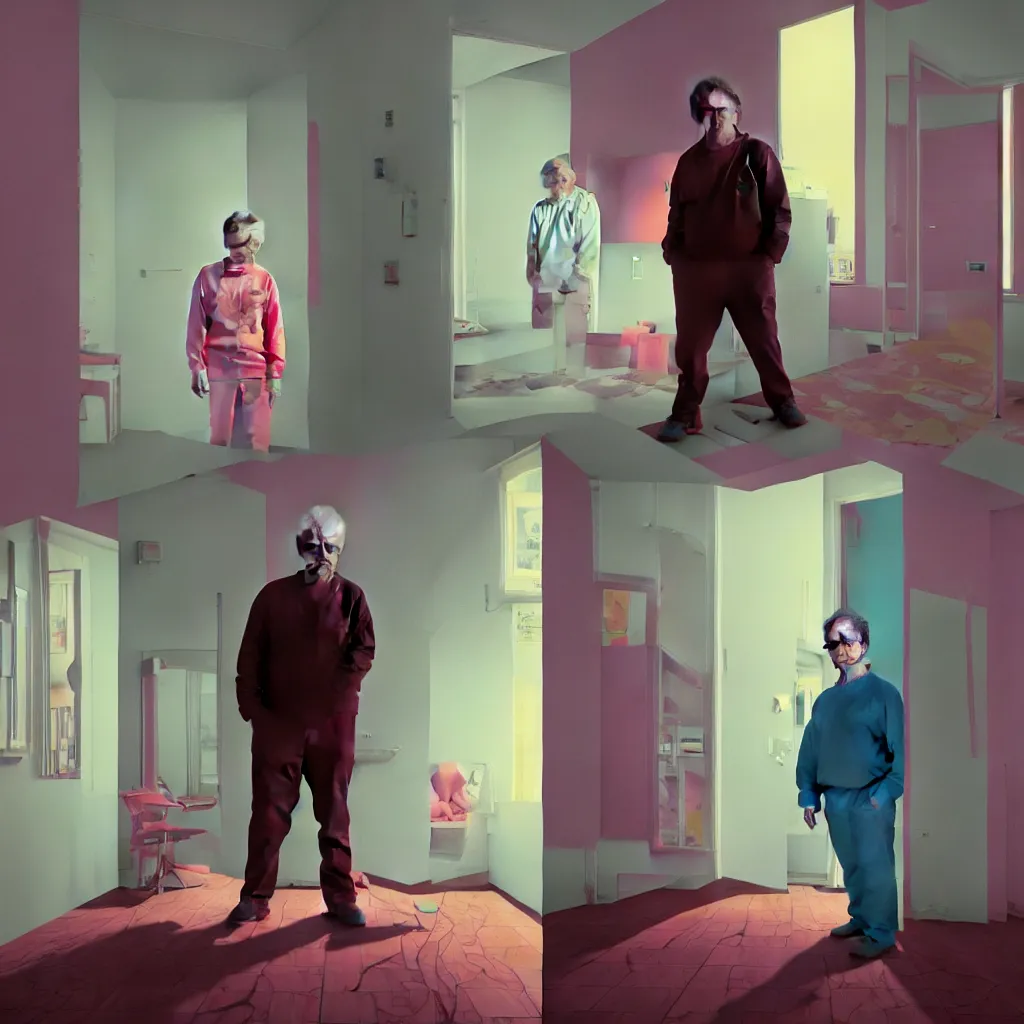 Image similar to weird and disturbing portrait of todd solondz standing alone in an empty appartment, vivid colors, neon, art by gregory crewdson, ( ( ( kuvshinov ilya ) ) ) and wayne barlowe and francis bacon and artgerm and wlop and william - adolphe bouguereau