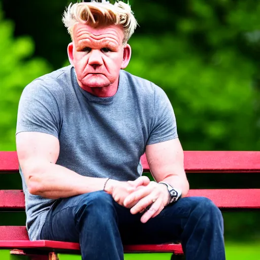 Image similar to dslr photo still of sad gordon ramsay sitting on a park bench with a tear on his cheek, 8 k, 1 1 0 mm f 1 6