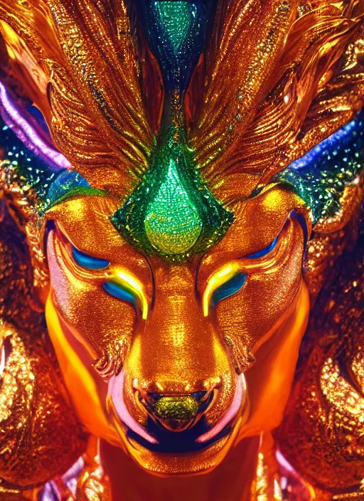 Image similar to photo of baroque and bladerunner delicate neon emerald sculpture of seductive king william levy tigers orange iridescent humanoid deity wearing metallic jungle leaves holding the sun prismatic dungeon, glowing rainbow face, crown of white diamonds, cinematic lighting, photorealistic, octane render 8 k depth of field 3 d