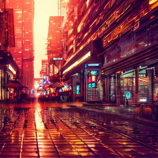 Image similar to professional photograph of a bustling neon dystopian city, rainy sidewalks, high quality, highly detailed, HD, 8K