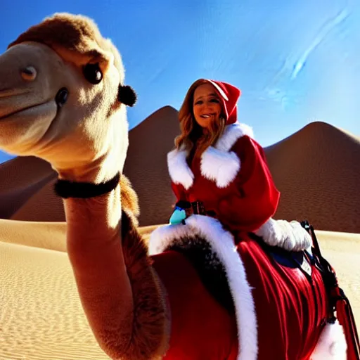 Image similar to mariah carey in a santa outfit while riding a camel in the desert